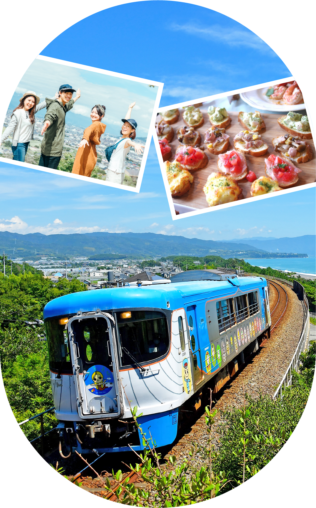 貸切列車と車内での交流、料理の写真コラージュ